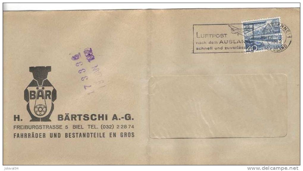 Suisse - Enveloppe Flamme Luftpost BIEL BIENNE 1 - 18/01/1952 - Lettres & Documents