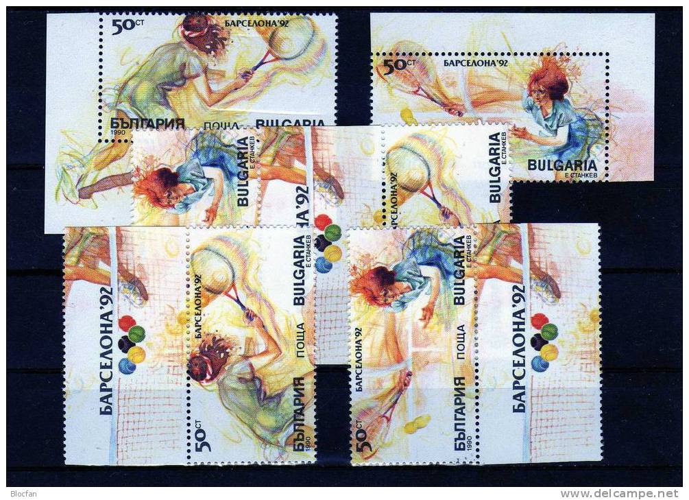 Sommer-Olympiade 1990 Barcelona Varianten Bulgarien 3850/1,2xZD+3-Str. ** 6€ Tennisspiel Bloques Sport Sheet Bf BULGARIA - Neufs