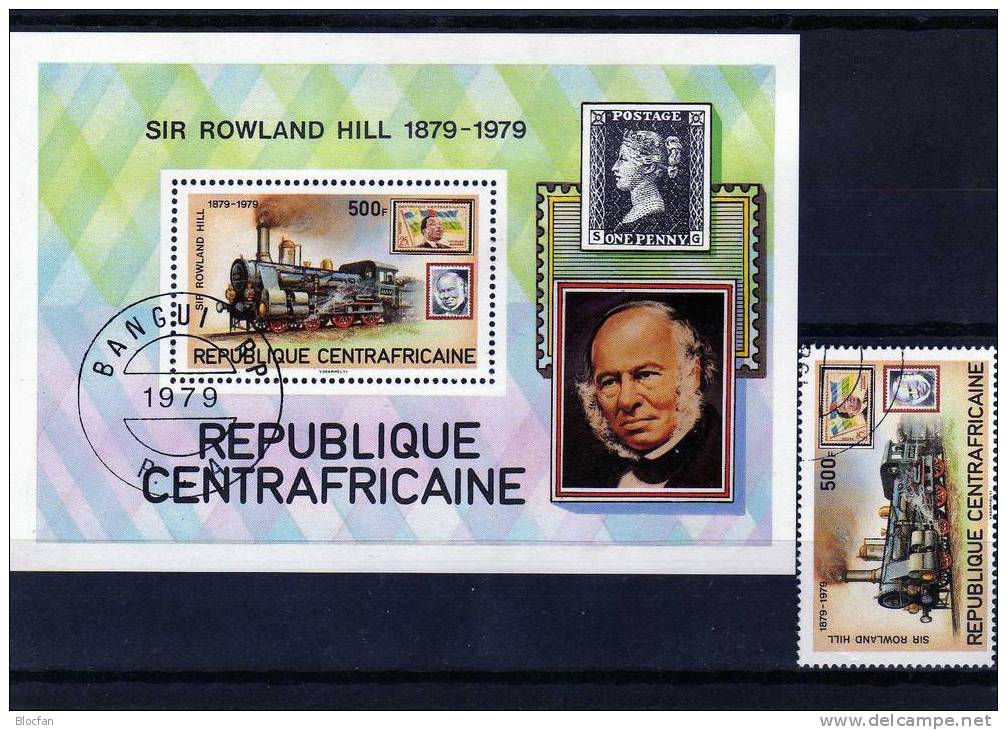Historische Lok Sir Hill 1.Briefmarke Nr.20 Aus Zentralafrika 652+Block 70 O 5€ Briefmarke 1979 Ms Train Sheet Bf Africa - Rowland Hill