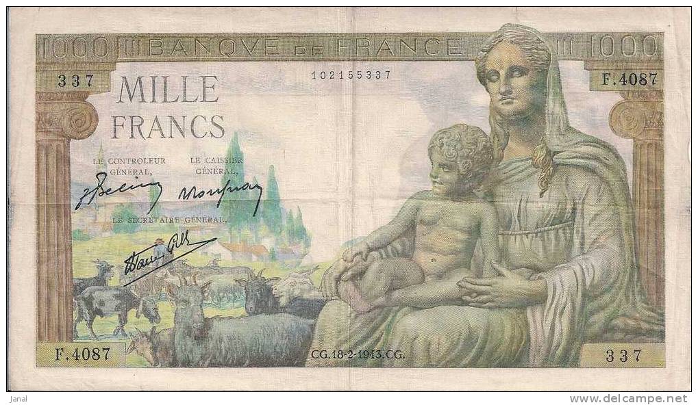 -  BILLET DE MILLE FRANCS -  DEESSE DEMETER - F4087 - CG.18.2.1943.CG - 1 000 F 1942-1943 ''Déesse Déméter''