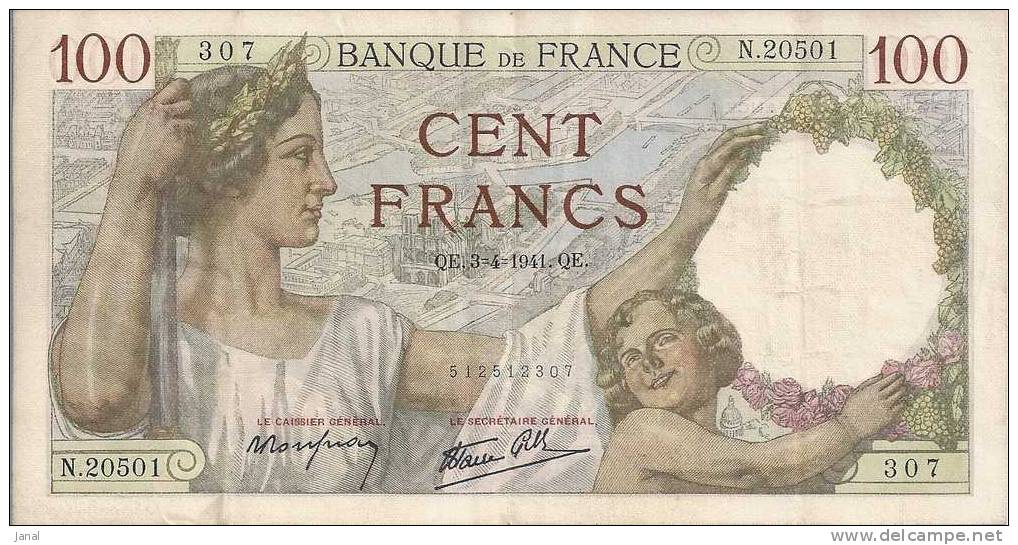 -  BILLET DE 100 FRANCS -  SULLY - 307 - QE.3.4.1941.QE - 100 F 1939-1942 ''Sully''