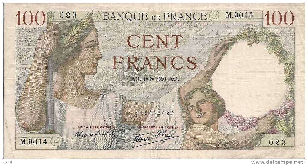 -  BILLET DE 100 FRANCS -  SULLY - 023 - AO.4.4.1940.AO. - 100 F 1939-1942 ''Sully''