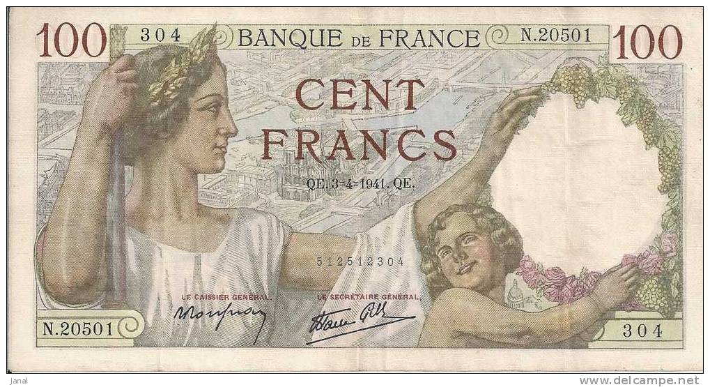 -  BILLET DE 100 FRANCS -  SULLY - 304 - QE.3.4.1941.QE - 100 F 1939-1942 ''Sully''