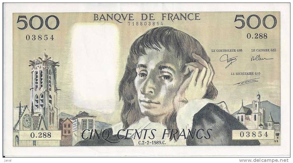 - BILLET DE 500 FRANCS - PASCAL - 03854 - C.2-2-1989.C - 500 F 1968-1993 ''Pascal''