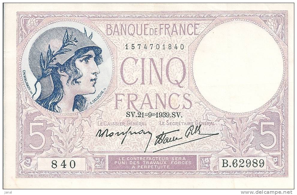 - BILLET DE 5  FRANCS - VIOLET - 840 - SV-21-9-1939 - - 5 F 1917-1940 ''Violet''