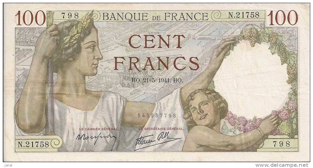 - BILLET DE 100  FRANCS - SULLY - HO - 21 - 5 - 1941 - HO - 798 - - 100 F 1939-1942 ''Sully''