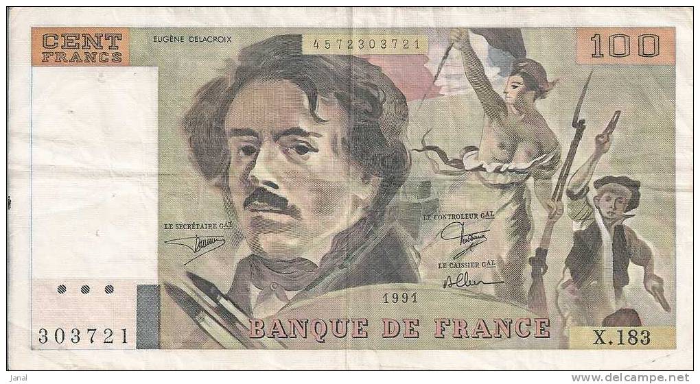 - BILLET DE 100 FRANCS - DELACROIX - 1991 - 303721 - - 100 F 1978-1995 ''Delacroix''