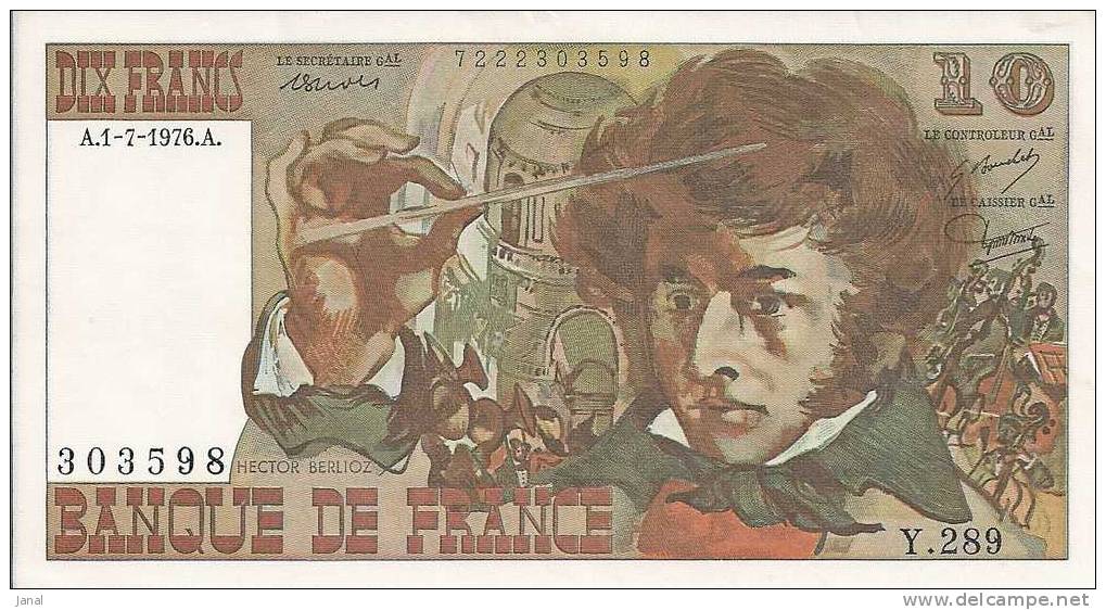 - BILLET DE 10 FRANCS - BERLIOZ - A - 1 - 7 - 1976 - 303598 - - 10 F 1972-1978 ''Berlioz''