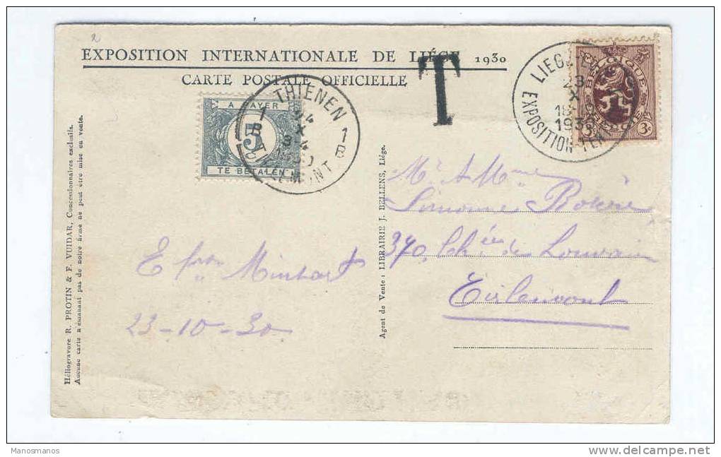 649/15 - BELGIQUE - Carte-Vue TP  Lion RARE Cachet Manuel  LIEGE EXPOSITION 1930 - Taxée Timbre-Taxe 5 C à TIRLEMONT - 1930 – Liège (Belgium)