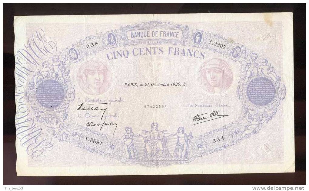 500  Francs  -    Bleu Et Rose  1939 - 500 F 1888-1940 ''Bleu Et Rose''