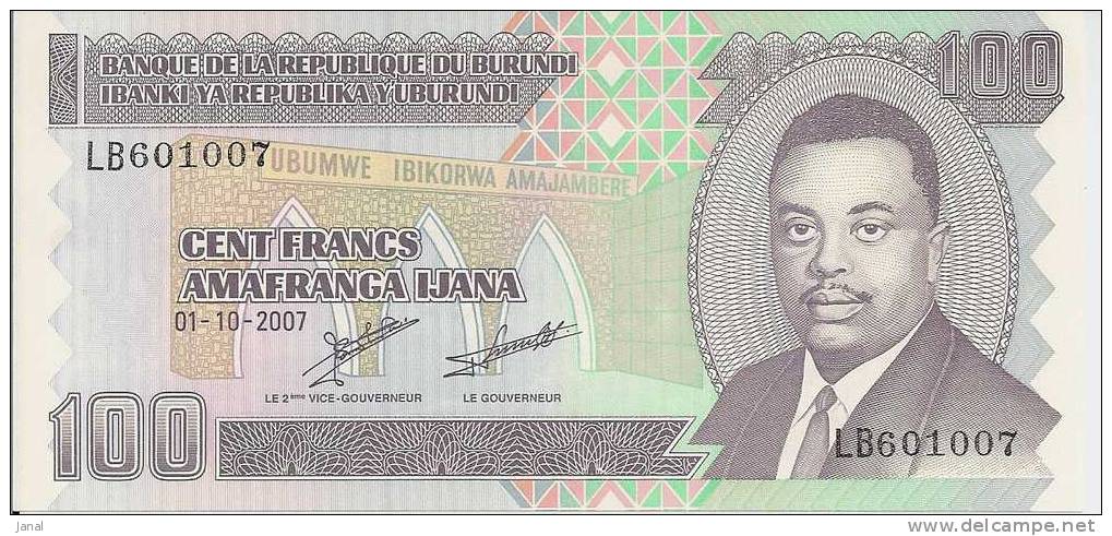 -  BANQUE DE LA REPUBLIQUE DU BURUNDI - CENT FRANCS - 01 -10- 2007 - Burundi