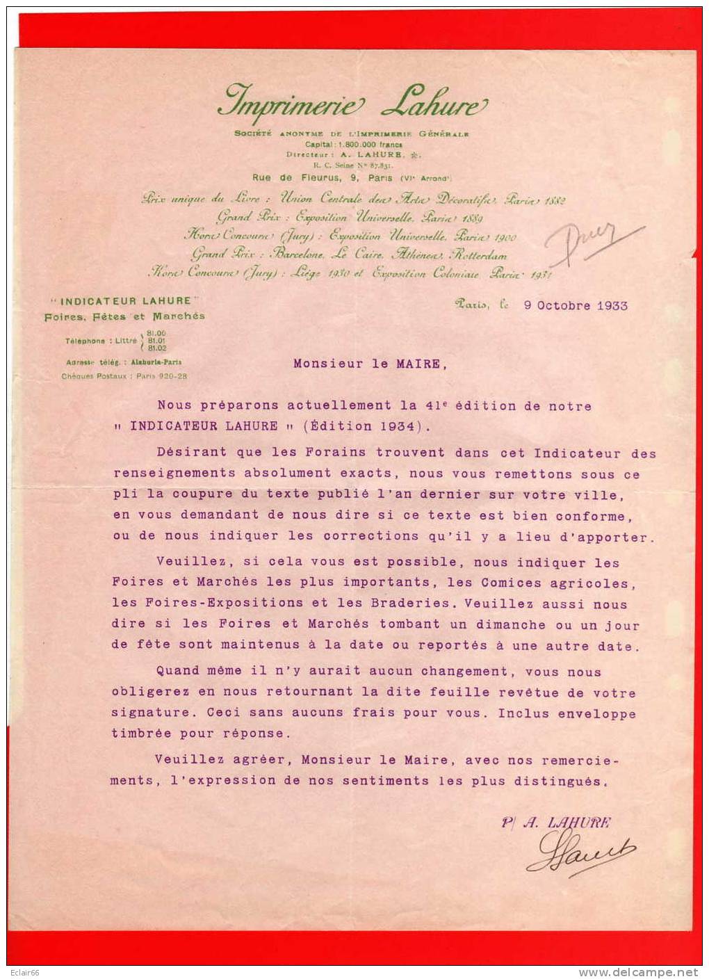 IMPRIMERIE  LAHURE Document Du 9 Octobre 1933  Indicateur Foires Fêtes Marché, RUE DE FLEURUS N°9 Paris (VIe Arrond) - Printing & Stationeries