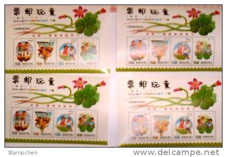 X4 1992 Toy Stamps S/s - Hong Kong- Chopstick Gun Iron-ring Grass Fighting Ironpot Dragonfly Goose Ox - Kühe