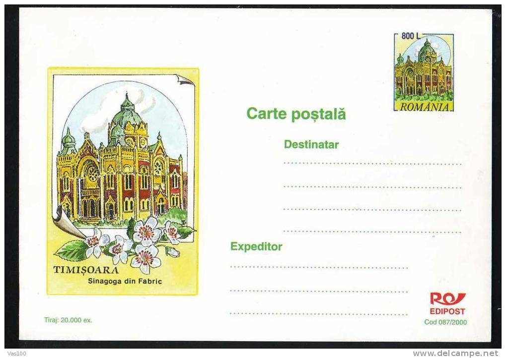 Romania 2000 Judaica,entier Postaux  SYNAGOGUE TIMISOARA POSTCARD. - Jewish