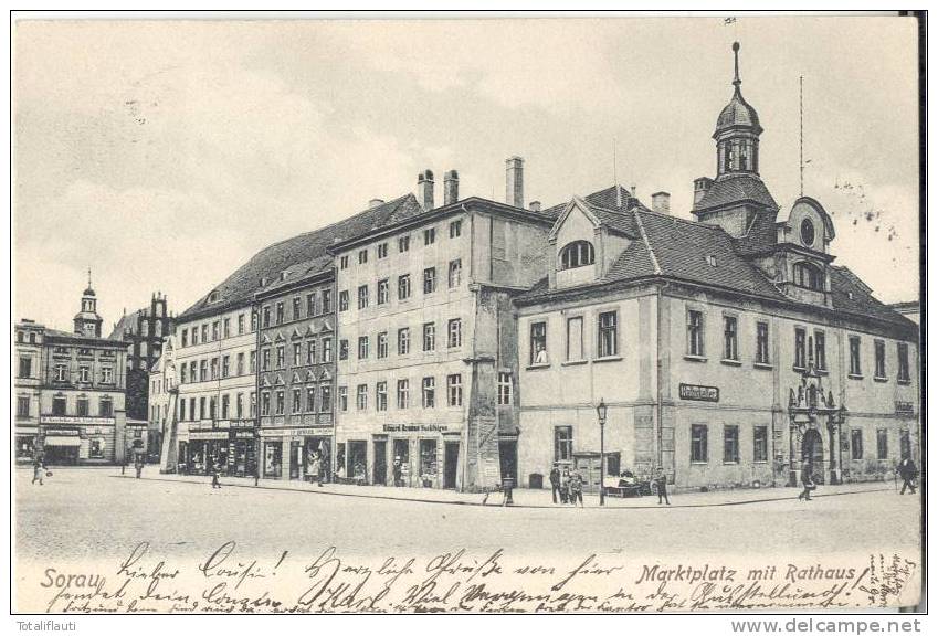 Sorau Marktplatz Mit Rathaus1904 Belebt Bahnpost DRESDEN - KOHLFURT - BRESLAU  Rathskeller Geschäfte Lesbar MAGGI - Neumark