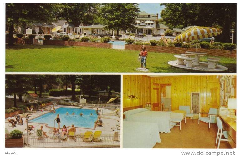 Memphis TN, Leahy's Motel Lodging, Room Interior, Black Statue (Hitching Post?) Out Front, C1950s/60s Vintage Postcard - Memphis