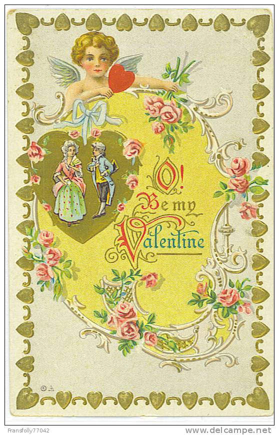 GREETING - VALENTINE - Colonial Couple - CUPID - HEARTS - FLOWERS - EMBOSSED - C-1910 - Saint-Valentin