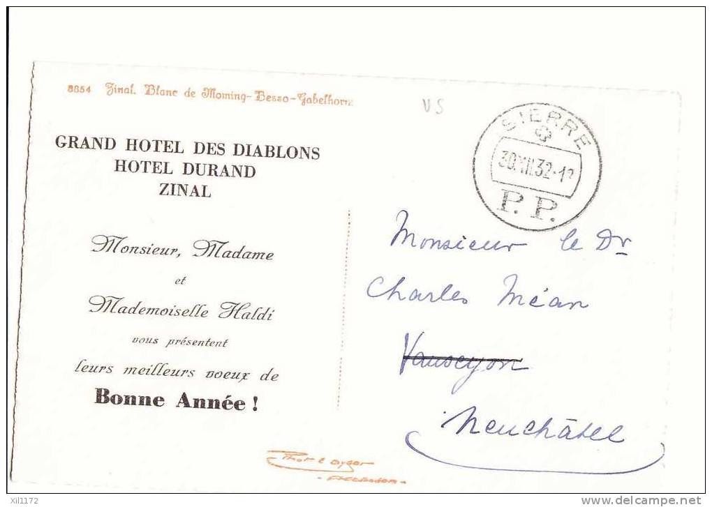 M044 Zinal Val D´Anniviers, Blanc Moming,Besso,Gabelhorn.Carte Bonne Année Grand Hotel Diablons+Durand.Sierre 1932.Gyger - Anniviers