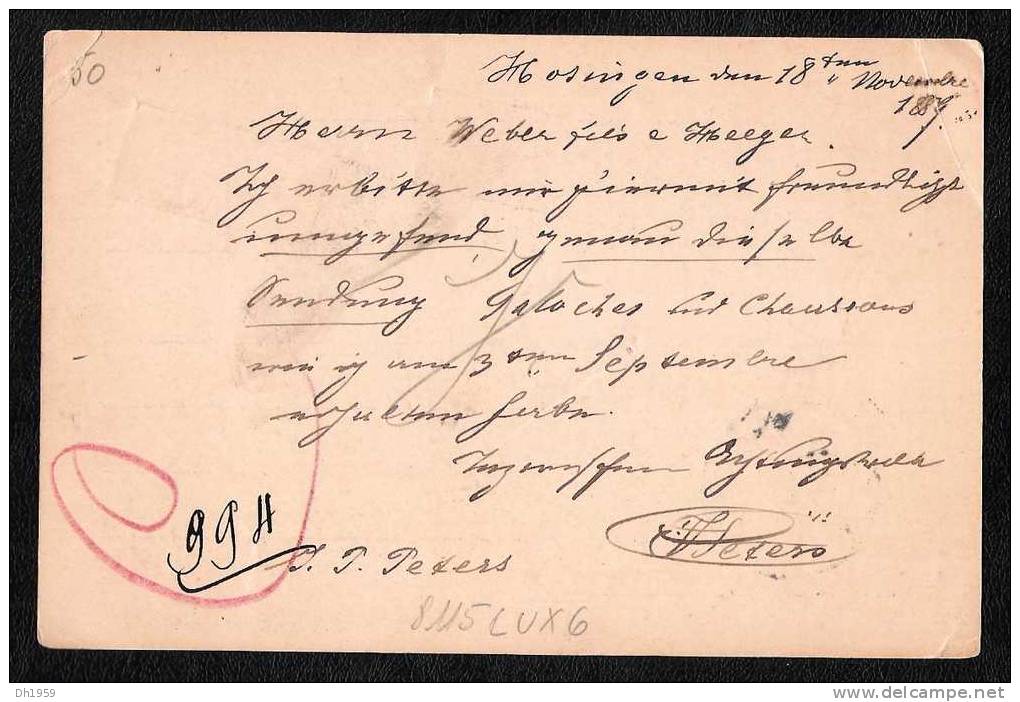 ENTIER 1889  LUXEMBOURG CARTE POSTALE POSTKARTE STATIONERY GANZSACHE ULFLINGEN  HOSINGEN ?  POUR STRASBOURG - Ganzsachen