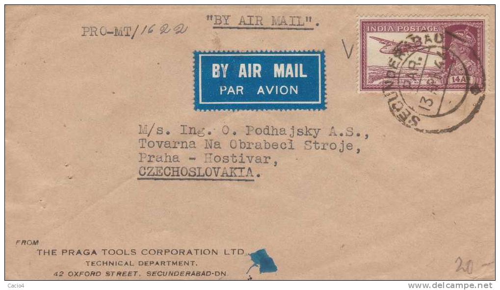 1946 Air Mail To Czechoslovakia India Postage 14A$ Stamp - 1936-47 Koning George VI