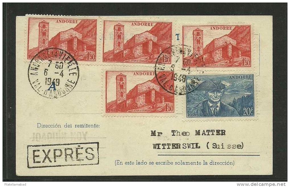 ANDORRA TARJETA DIRIGIDA  A SUISSE   6-4 1949 (C.S.3) - Lettres & Documents