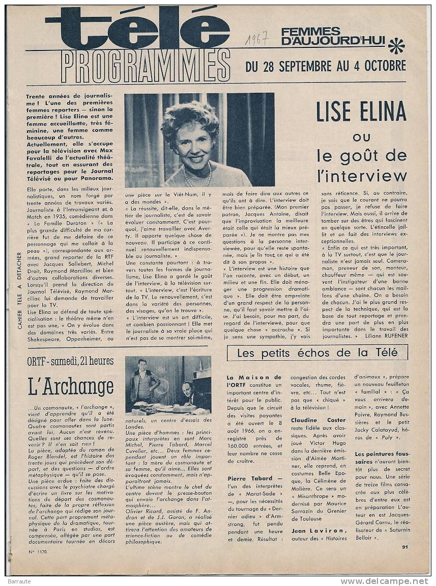 Programme Télé Du 28 Septembre Au 4 Octobre  1967 Rare . Edité Par Femmes D´aujourd´hui - Moda