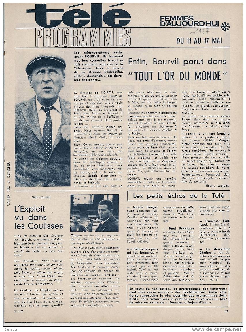 Programme Télé Du 11 Au 17 Mai 1967 Rare . Edité Par Femmes D´aujourd´hui - Mode