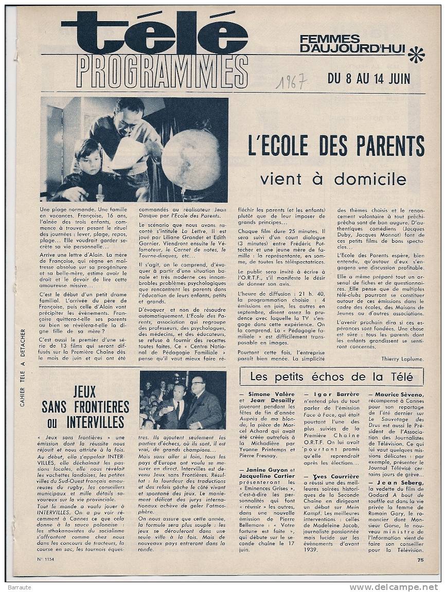 Programme Télé Du 8 Au 14 Juin 1967 Rare . Edité Par Femmes D´aujourd´hui - Mode