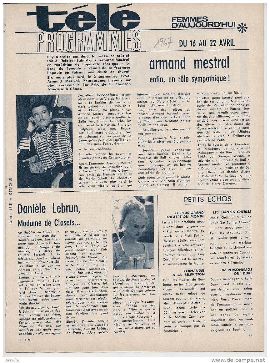 Programme Télé Du 16 Au 22 Avril 1967 Rare . Edité Par Femmes D´aujourd´hui - Moda