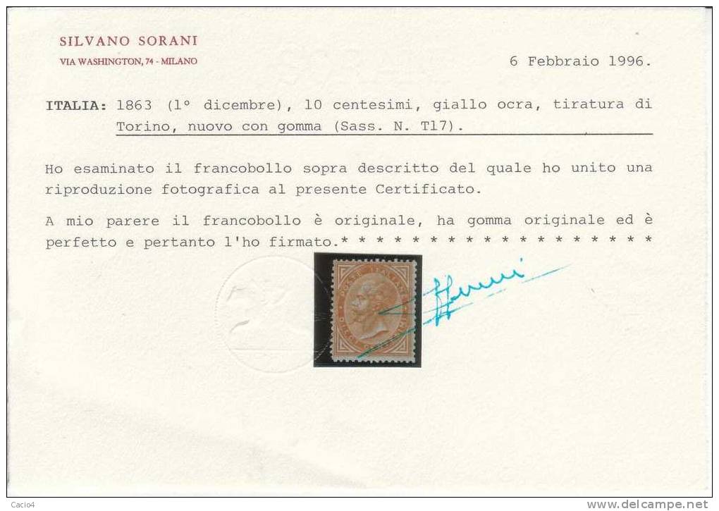 1863 Cent 10 Ocra Arancio Vittorio Emanuele II Tiratura Torino CERT SORANI - Ungebraucht