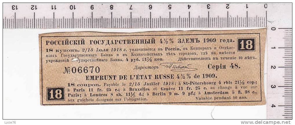 COUPON  -  18 -   EMPRUNT DE L'ETAT RUSSE    4 1/2  0/0  De   1909 - Russia