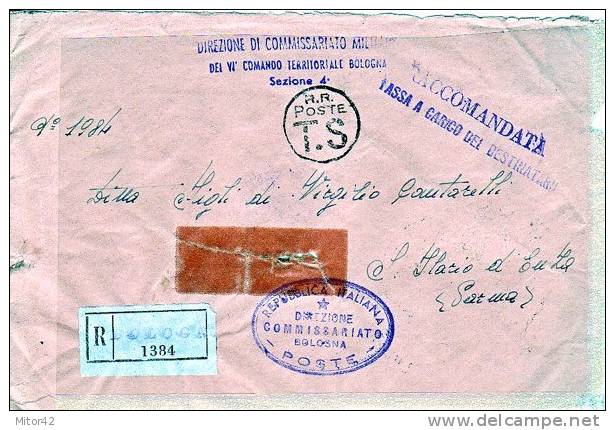 55*Tassate-Segnatasse-Storia Postale-1L.+2L.(x27) Su Racc. Tassa A Carico Destinatario Da Commissariato Militare-Bologna - Taxe