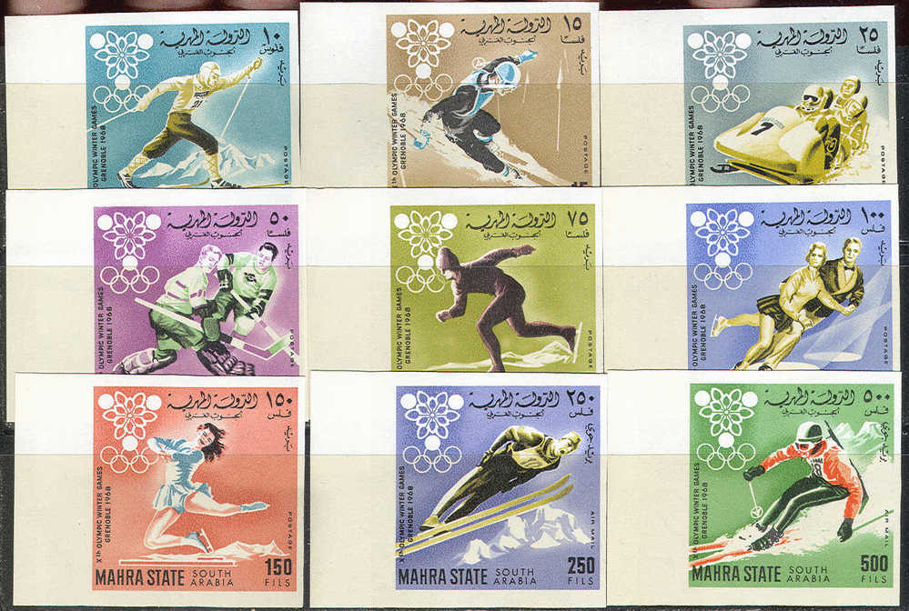 0071.2 ✅ Olympic Sport Winter Hockey Skiing Figure Skating 1968 Aden MNH 9v Set 15ME Imperf Imp  ** - Winter 1968: Grenoble