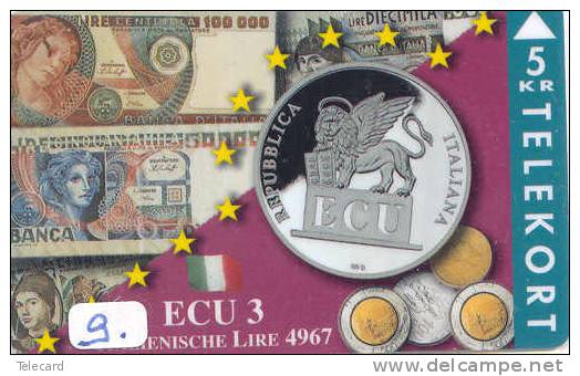 Denmark ECU ITALY (9) PIECES ET MONNAIES MONNAIE COINS MONEY PRIVE 1.500 EX *TELECARTE - Stamps & Coins