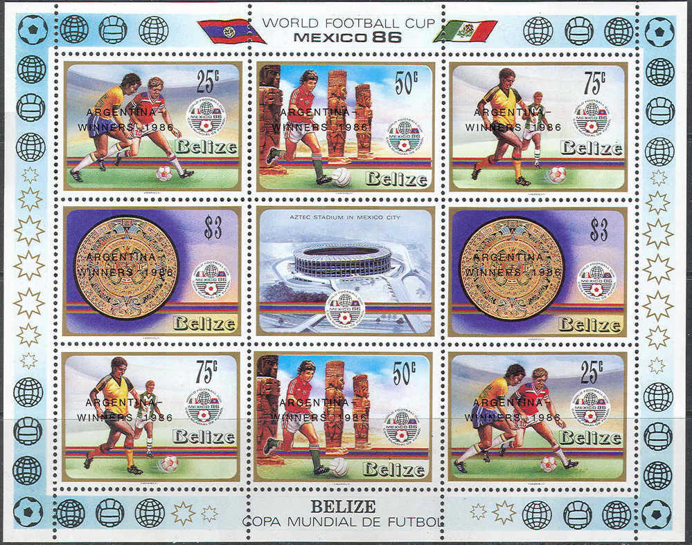 1326 Football Soccer Winners WM Cup Astrology Calemdar Archeology Maya Optd. 1986 Belize Sheet MNH ** 14ME - 1986 – Mexico