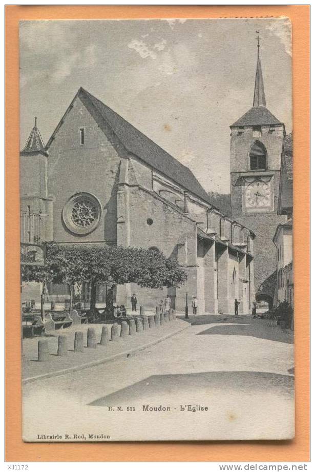 E218 Moudon L´Eglise. Animé. Précurseur. Cachet Moudon Et Gingins 1905.Petites Taches - Gingins