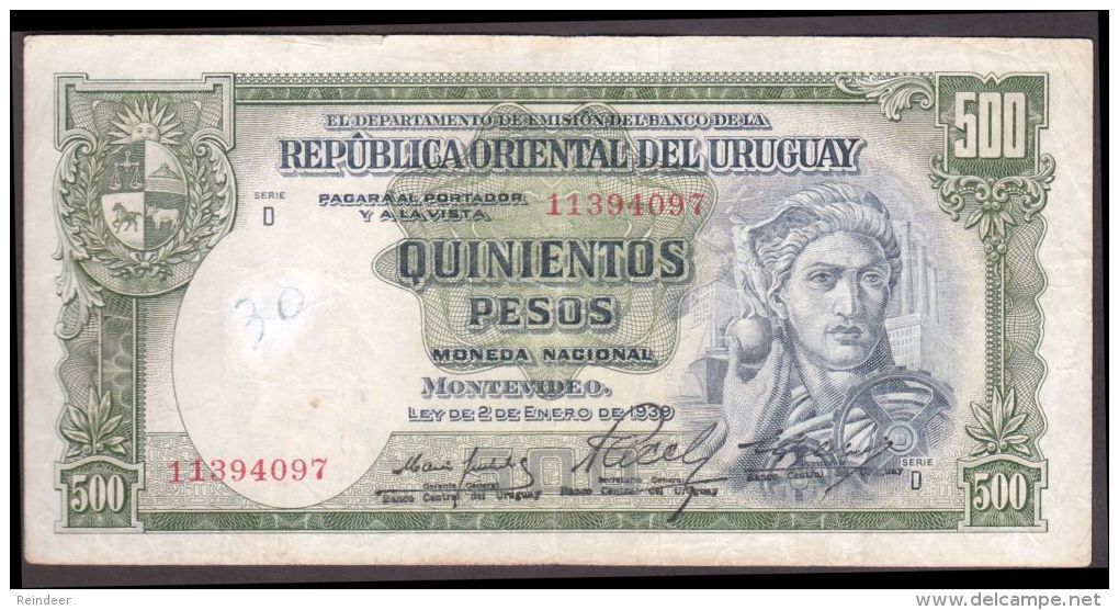 ® URUGUAY: 500 Pesos Provisorio (1939/67) - Uruguay