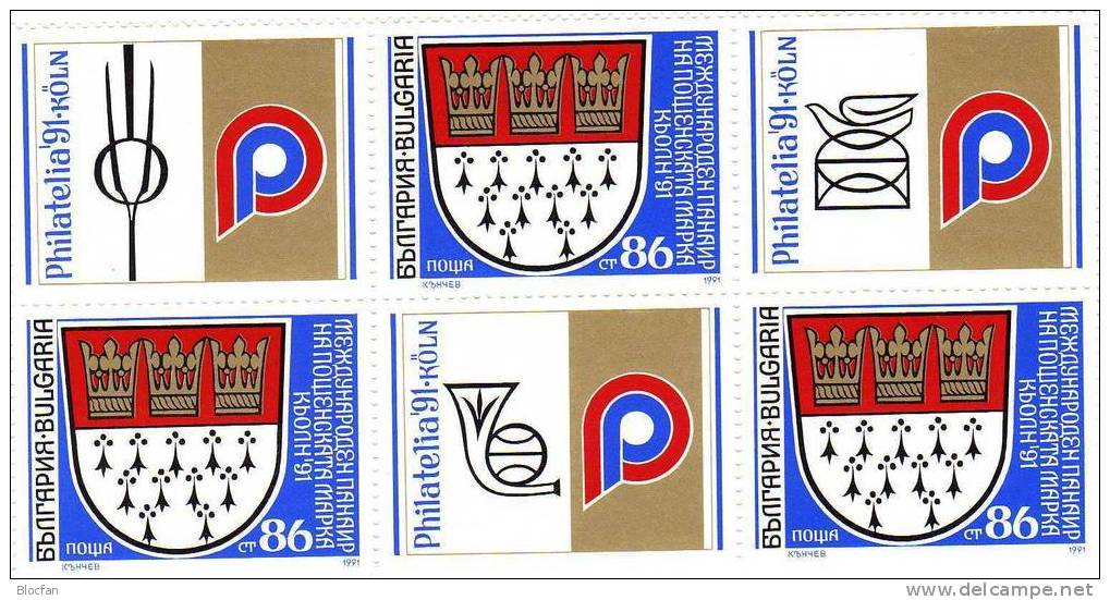 Varianten BMA Philatelia 1991 Köln Bulgarien 3935,9ZD+6-Block ** 10€ Stadtwappen Hoja Stamp On Stamp Ms Bloc Bf BULGARIA - Neufs