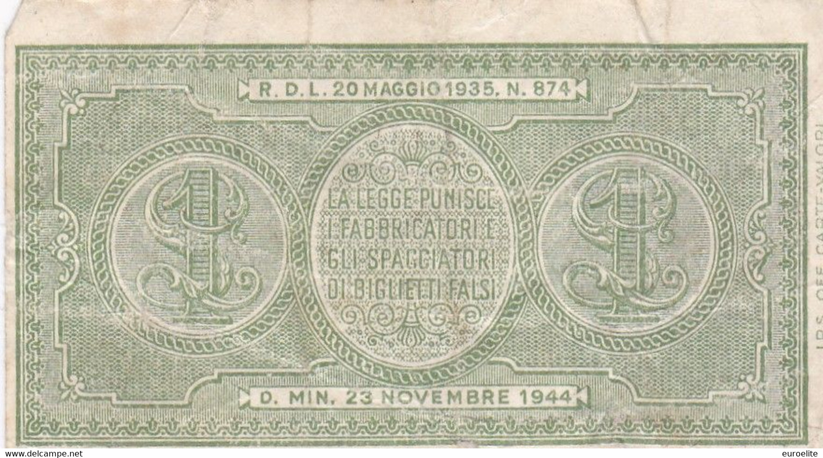 1 Lira Luogotenenza 1944 - Italia – 1 Lira