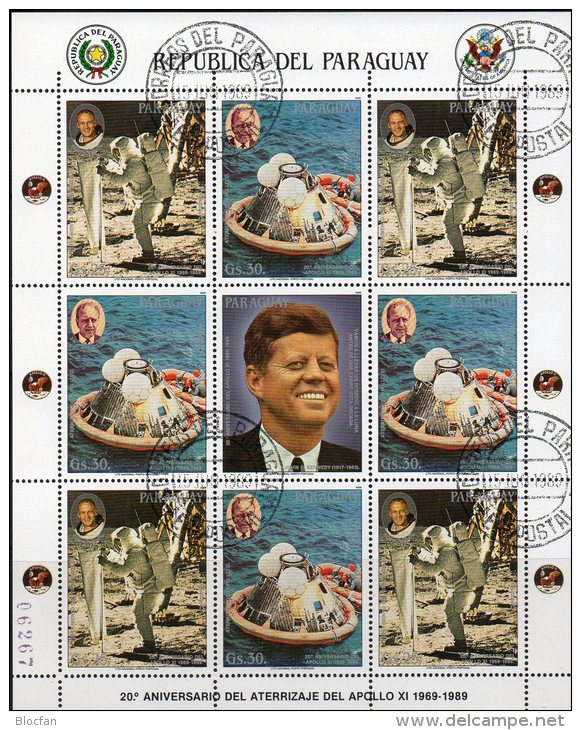 Kennedy 1989 Paraguay 4331/2 9-KB O 16€ Mondlandung Sonnen-Segel Foglietto Hojita Bf Bloc M/s Space Sheetlet Of America - South America