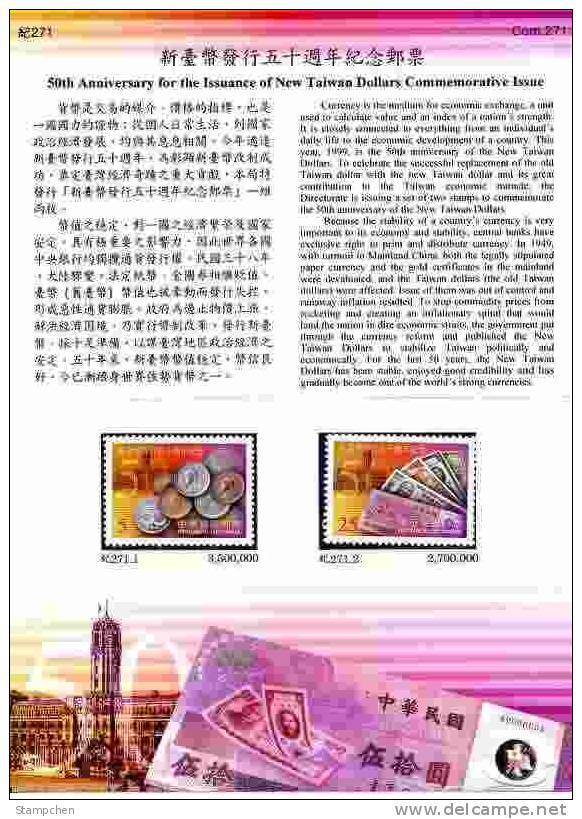 Folder Taiwan 1999 50th Anni New Taiwan Dollars Stamps Coin Banknote Architecture - Ungebraucht