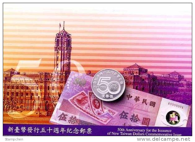 Folder Taiwan 1999 50th Anni New Taiwan Dollars Stamps Coin Banknote Architecture - Nuevos