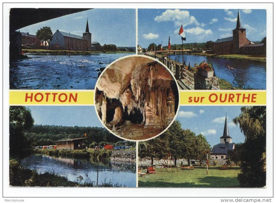 Hotton Sur Ourthe. 5 Vues: Grotte Hampteau, Ourthe, église, Camping, Tentes, Plaine De Jeux. Speelplein, Kerk, Grot. - Hotton