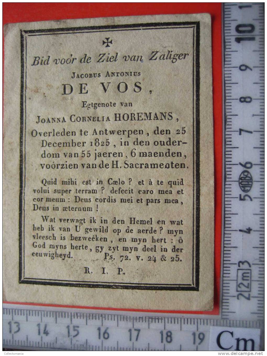 Doodsprentje 1825 Jacobus Antonius De Vos  - Joanna Cornelia Horemans Antwerpen Anvers   Maria Jesus - Devotion Images