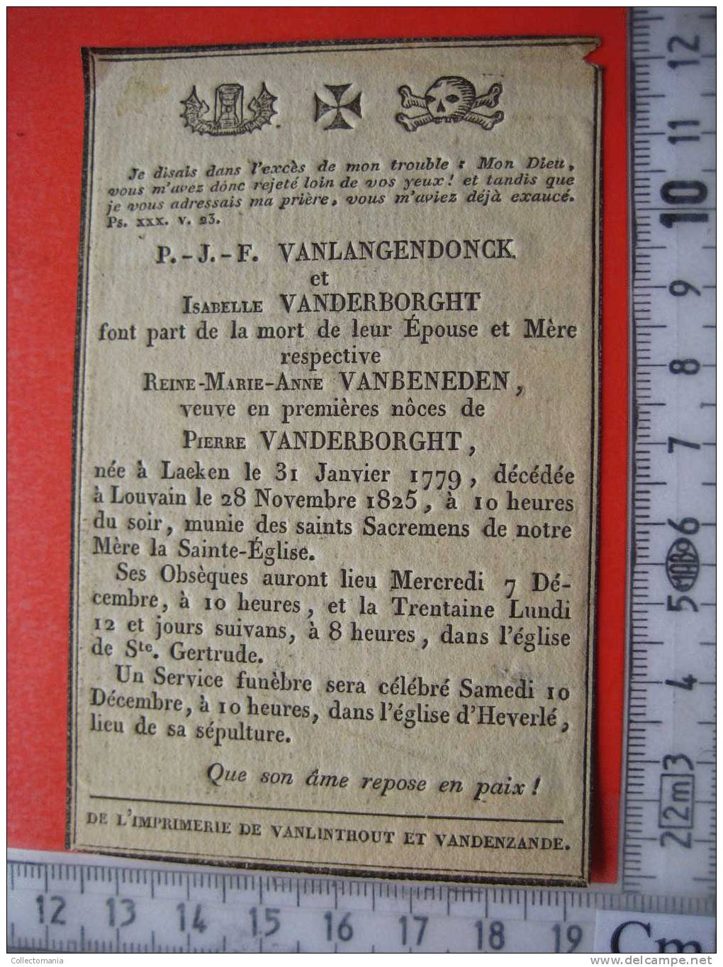 Doodsprentje 1825 Vanlangendonck Vanderborght Vanbeneden  Laeken Laken Louvain Lazare Veni Foras  Vanlinthout - Andachtsbilder