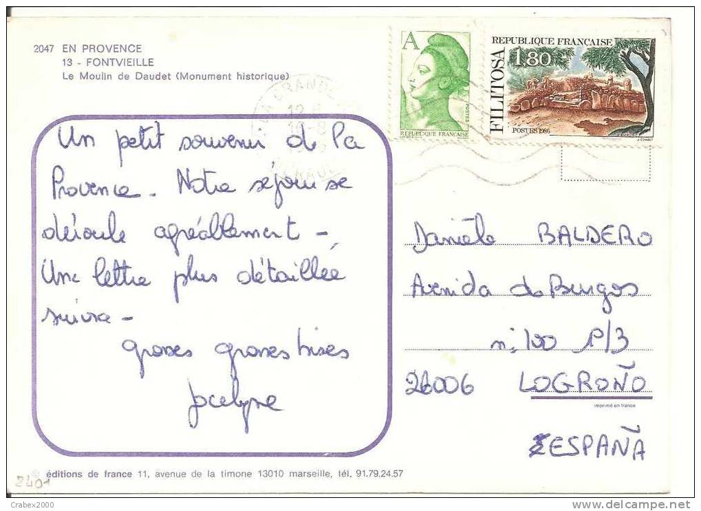N° Y&t 2401       CP  LA GRANDE MOTTE Vers  ESPAGNE  16 AOUT  1986 - Storia Postale