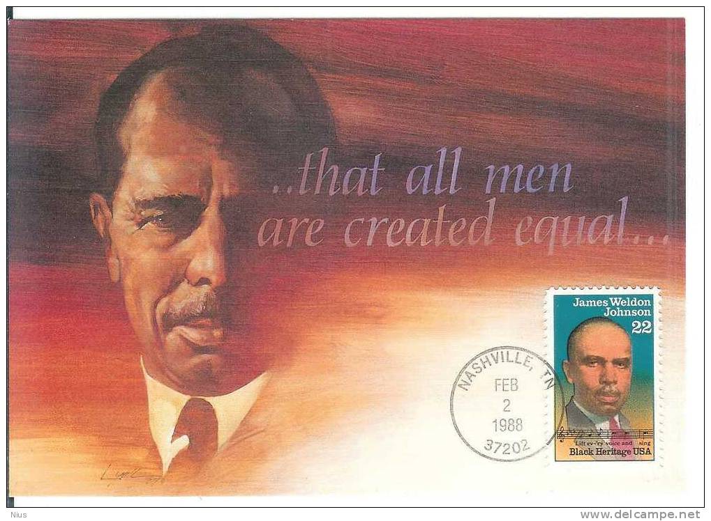 USA United States 1988 Maximum Card, Composer Music James Weldon Johnson Songwriter Poet Writer, Canceled In Nashville - Cartes-Maximum (CM)