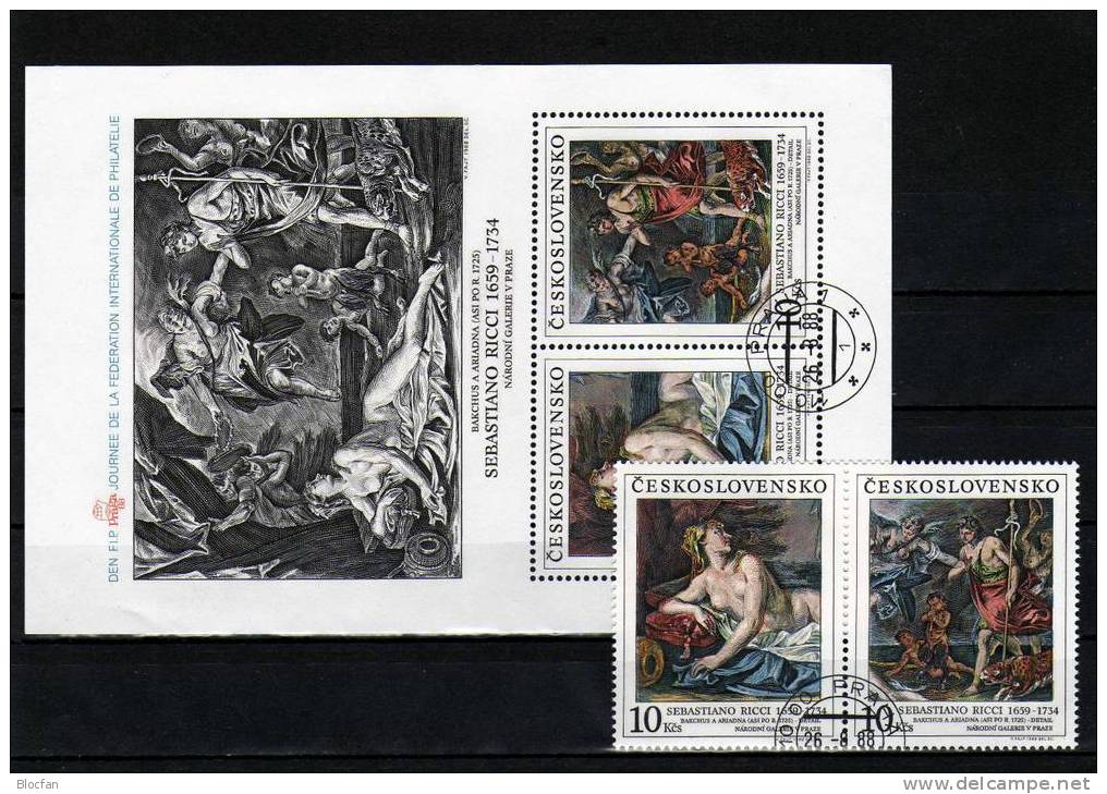 Mit Aufdruck PRAGA 1988 Tag Der FIP CSSR 2972/3,ZD+Block 91 O 24€+E-Karte Gemälde Sebastiano Ricci Bloc Art Sheet Bf CSR - Abarten Und Kuriositäten