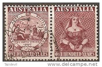 AUSTRALIA - 1950 2½d Postage Stamp Centenary Pair, Perfed "T". Scott 229a. Used - Perfins