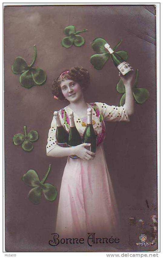 TRES BEAU PORTRAIT DE FEMME. BONNE  ANNEE. CHAMPAGNE. TREFLES.4751.52. - New Year